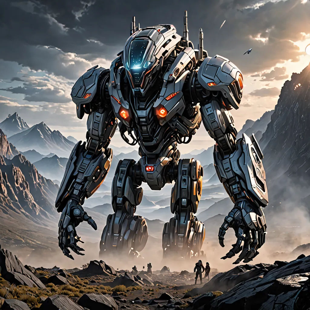 a giant robot standing on top of a rocky hillside next to a mountain range with a group of people, computer art, a detailed matte painting, Beeple, 8 k concept art