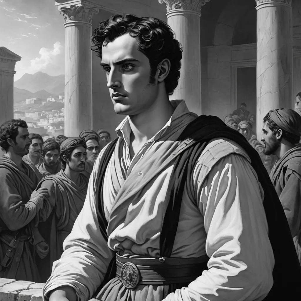 a man in a roman costume standing in front of a crowd of people with a sword in his hand, classical realism, a character portrait, Achille Leonardi, david lazar