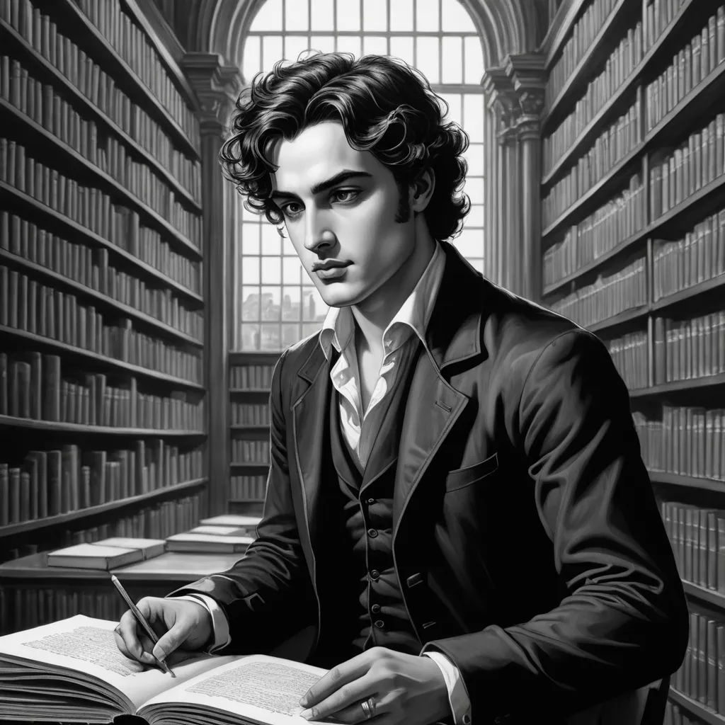 a man sitting in a library reading a book and writing something in a bookcase with a pen and paper, pre-raphaelitism, an ultrafine detailed painting, Dante Gabriel Rossetti, pre - raphaelite