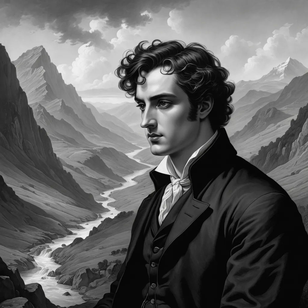 a man in a suit and tie standing in front of a mountain range with a river running through it, german romanticism, an ultrafine detailed painting, Edgar Ainsworth, pre - raphaelite
