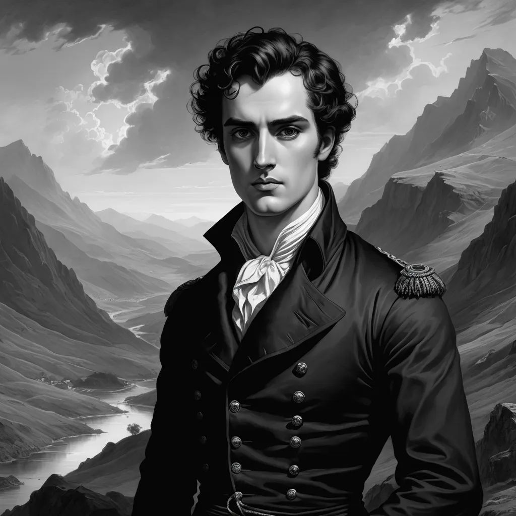 a man in a black coat and white shirt standing in front of a mountain range with a river and clouds, american romanticism, a character portrait, Charlie Bowater, character portrait