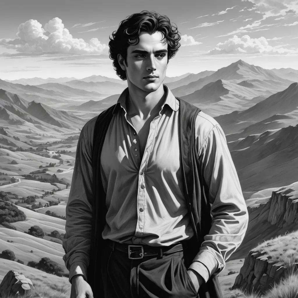 a man standing in front of a painting of mountains and hills with a sky background and clouds in the sky, pre-raphaelitism, an ultrafine detailed painting, Evelyn De Morgan, tom of finland