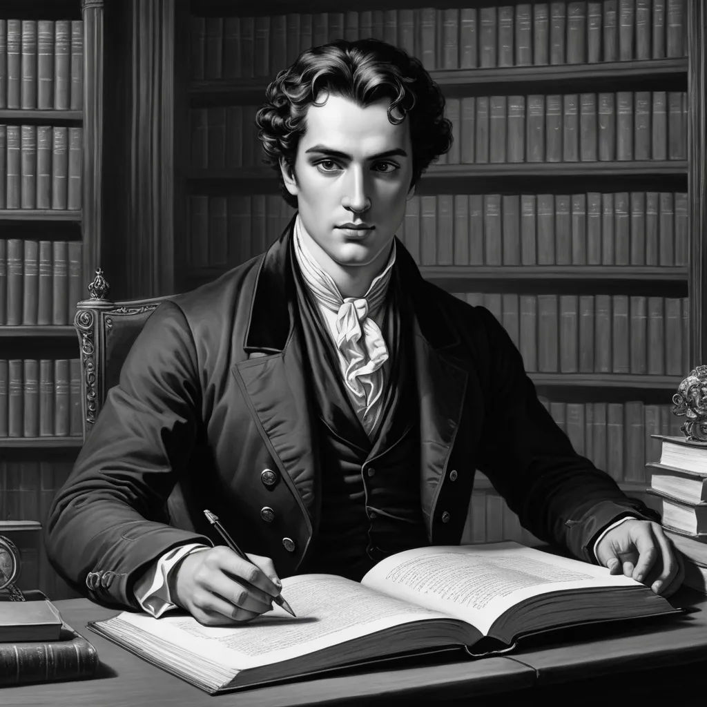 a man sitting at a desk with a book and pen in his hand and a book in front of him, pre-raphaelitism, an ultrafine detailed painting, Edgar Ainsworth, pre - raphaelite