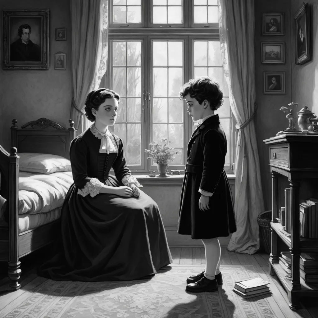 a woman standing next to another woman in a bedroom next to a bed and a window with curtains on it, classical realism, a storybook illustration, Anne Said, film still