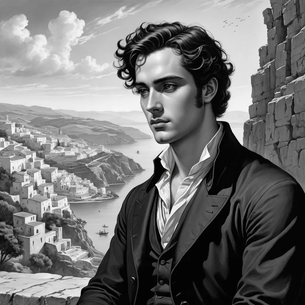 a man sitting on a ledge with a view of a town in the background and a painting of a man in a suit, pre-raphaelitism, an ultrafine detailed painting, Charlie Bowater, pre - raphaelite