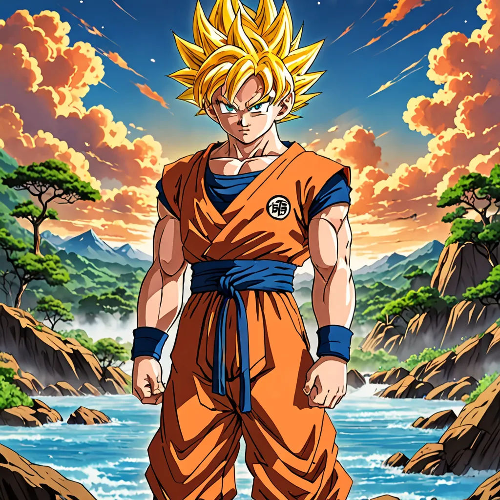 a cartoon character standing in front of a river with a sky background and clouds in the background, with a sunset behind him, superflat, poster art, Akira Toriyama, official art