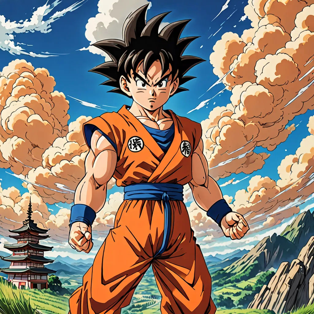 a cartoon of a man in a dragon costume standing in front of a mountain with clouds in the background, sots art, poster art, Akira Toriyama, official art