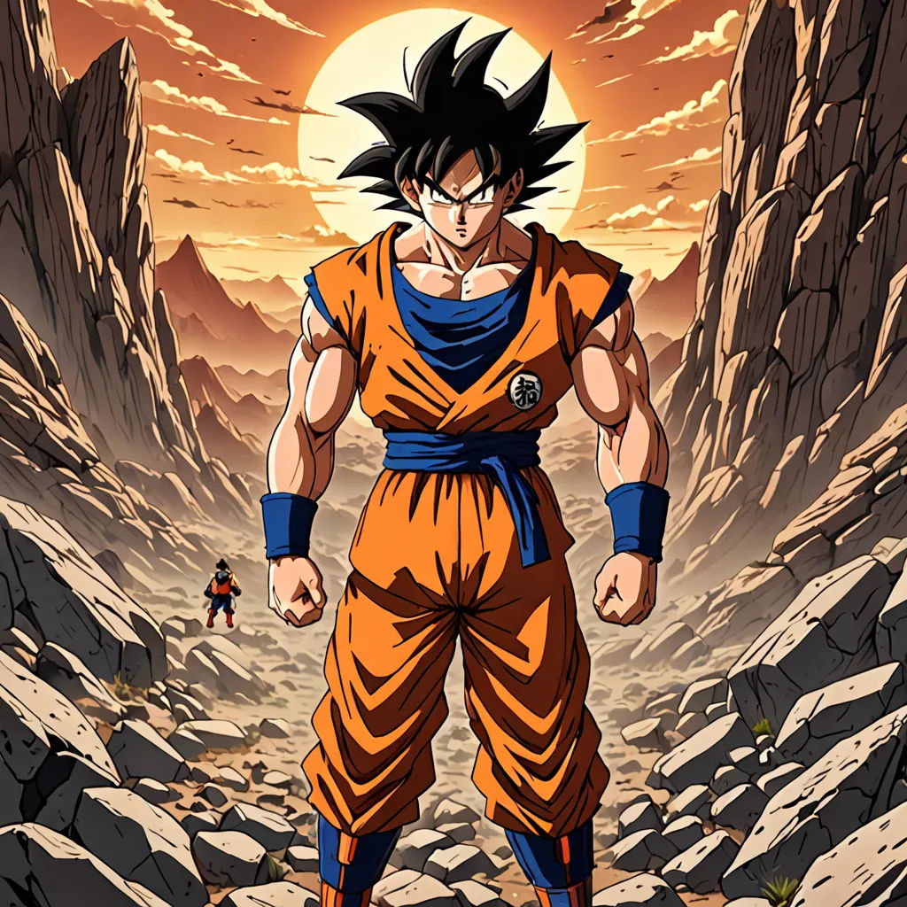 a cartoon of a man in a desert setting with a sunset in the background and a person in the foreground, sots art, poster art, Akira Toriyama, official art