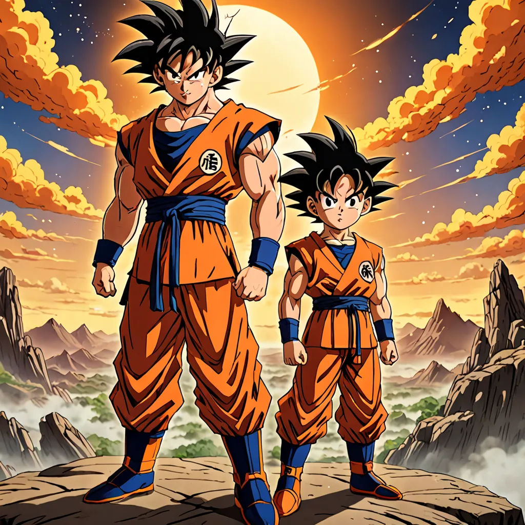 a cartoon of two young gohan standing on a rock with a sunset in the background and a full moon in the sky, sots art, poster art, Akira Toriyama, official art