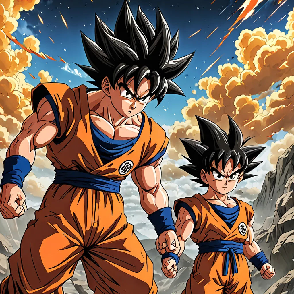a cartoon of two young gohan characters running in the sky with a sky background and clouds in the background, sots art, poster art, Akira Toriyama, official art