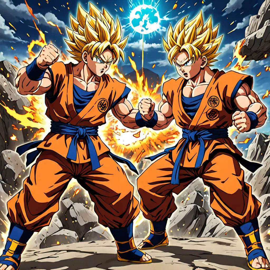 two young gohan fighting in a cartoon style with a sky background and clouds in the background, with a bright blue sky and white star, sots art, poster art, Akira Toriyama, official art