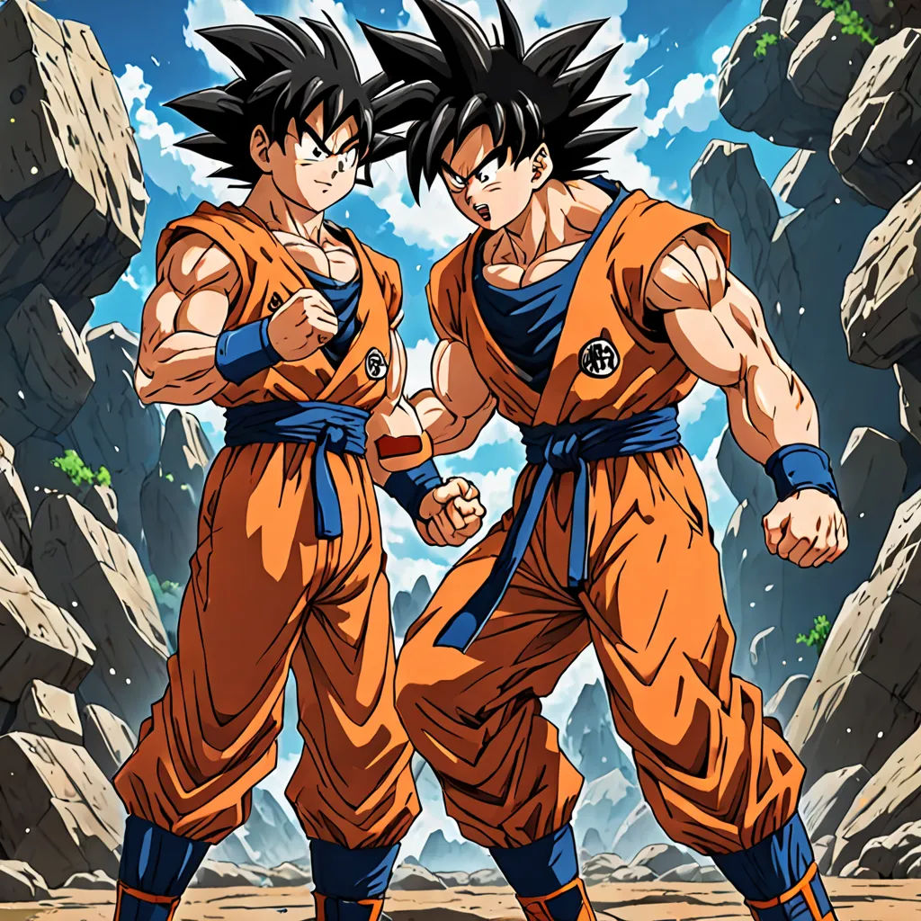 two young men in orange outfits standing next to each other in front of a rocky landscape with rocks and boulders, sots art, poster art, Andries Both, official art