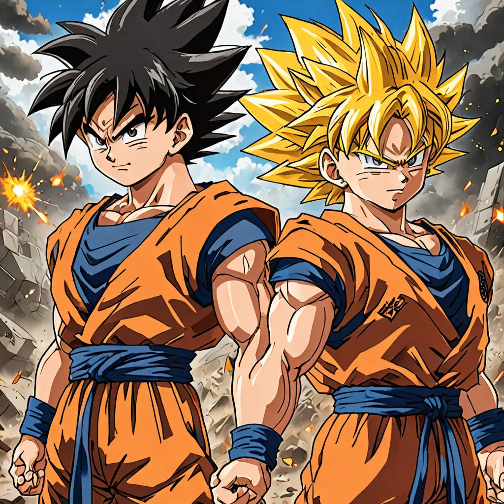 two young gohan are standing in front of a rocky landscape with a sky background and clouds in the background, les nabis, poster art, Akira Toriyama, official art