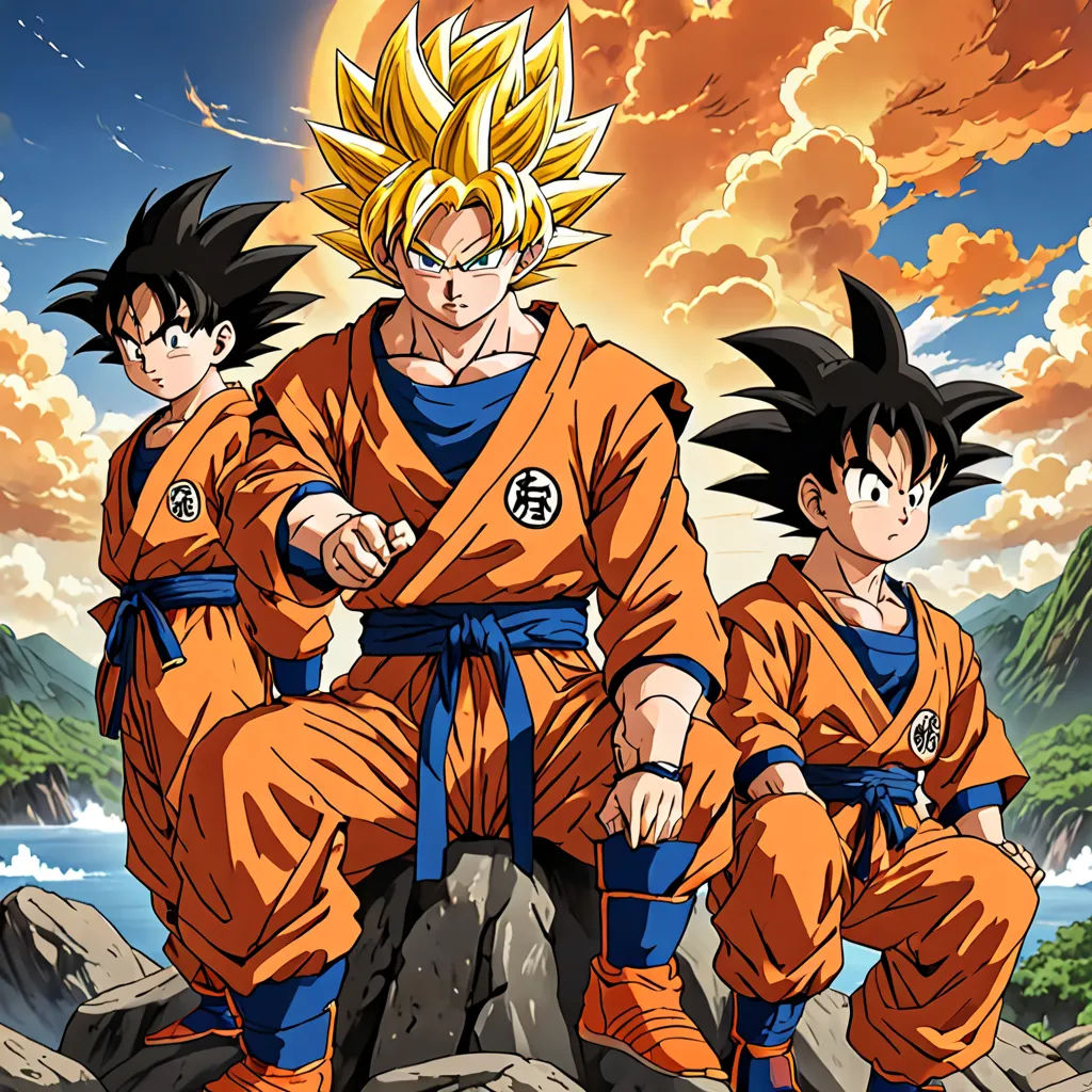 a group of young gohan sitting on top of a rock next to each other on a mountain top, dau-al-set, poster art, Akira Toriyama, official art