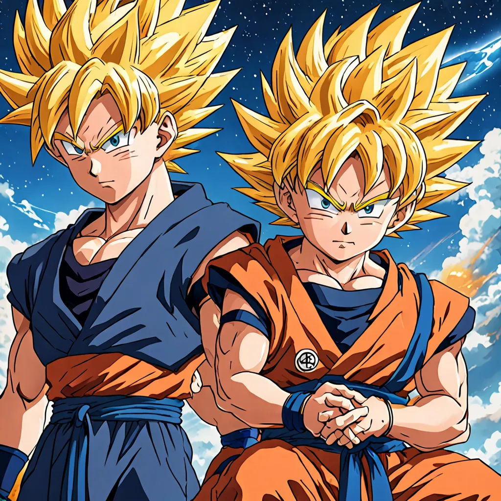 two young gohan are standing in front of a blue sky with clouds and stars in the background, one is wearing a blue and the other is wearing a blue, les nabis, poster art, Akira Toriyama, official art