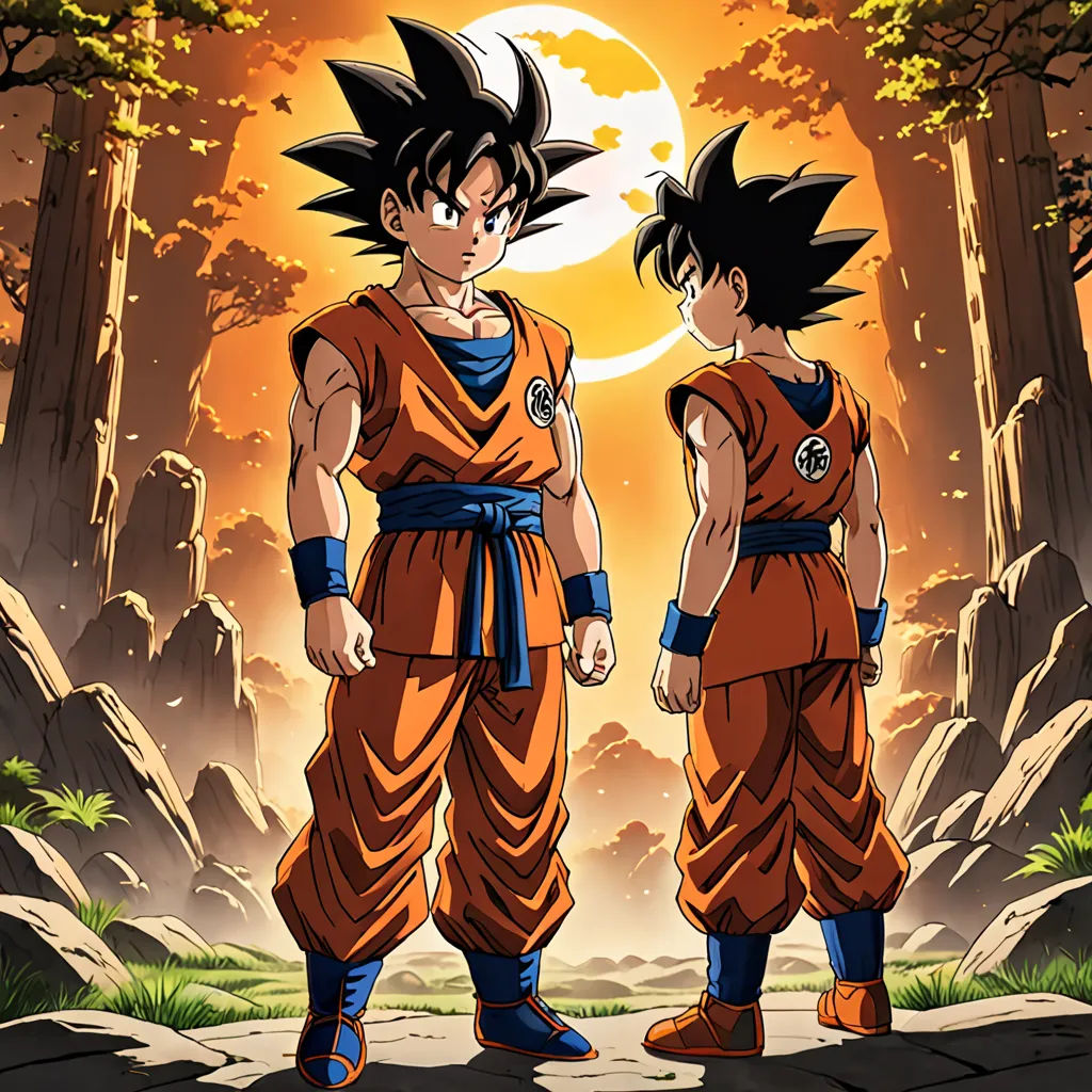two young gohan standing in front of a sunset with trees and rocks in the background, one of them is looking at the other, sots art, poster art, Akira Toriyama, official art