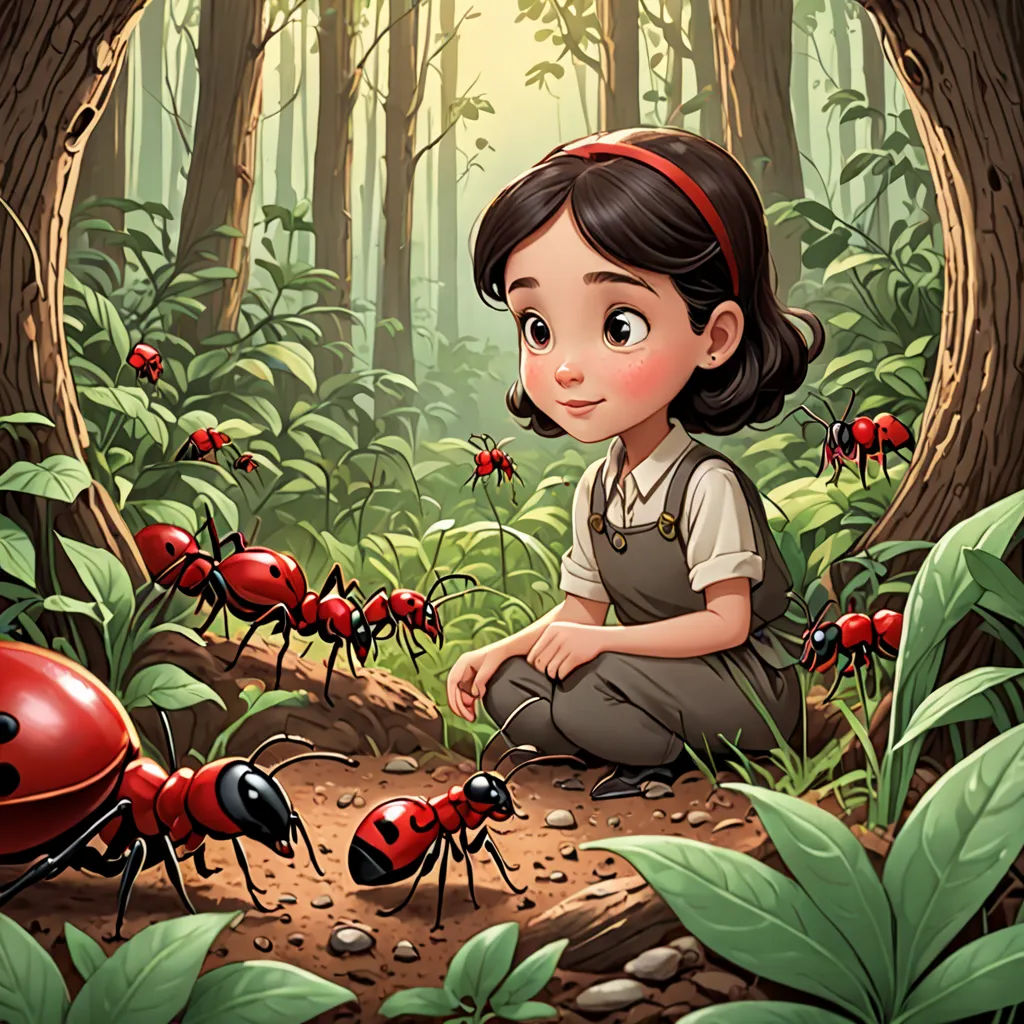 a girl kneeling down in the middle of a forest with many red bugs around her and a ladybug in the background, pop surrealism, a storybook illustration, Aaron Jasinski, storybook illustration