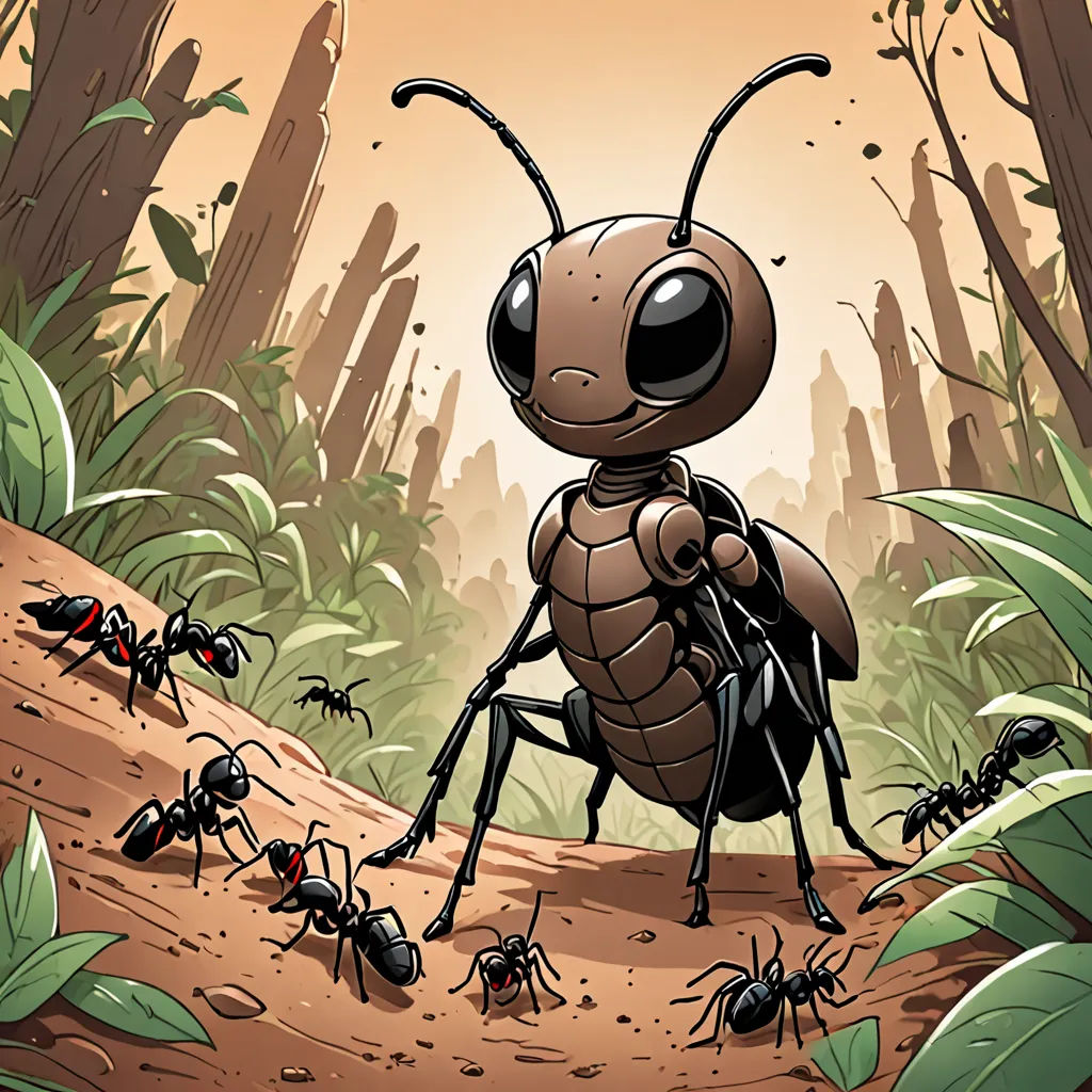 a group of ants walking across a forest filled with leaves and plants, with a bug in the foreground, antipodeans, a character portrait, Asaf Hanuka, comic cover art