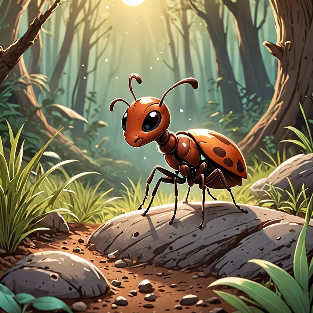 a cartoon ant standing on a rock in a forest with a bright sun in the background and grass and rocks, fantasy art, a storybook illustration, Chris LaBrooy, 2 d game art
