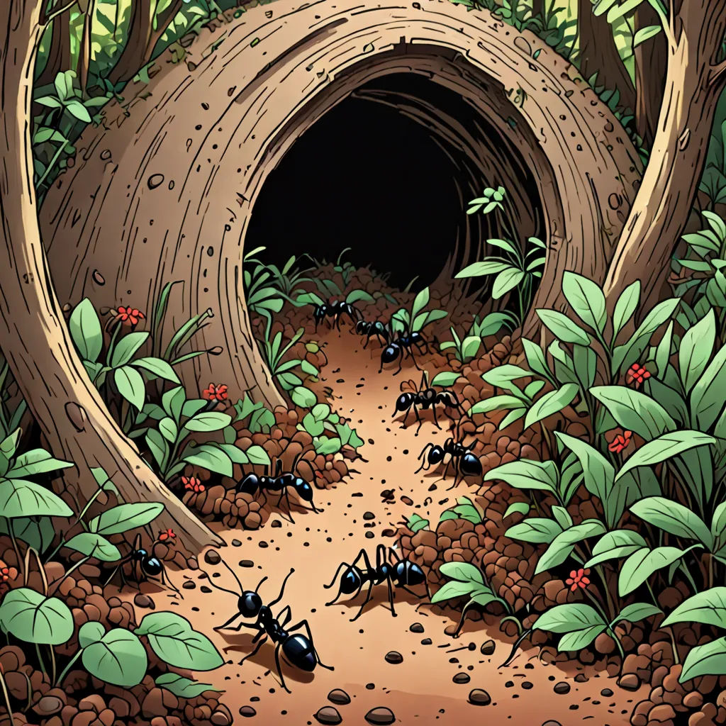 a group of ants walking into a cave in the woods with leaves and rocks on the ground and dirt on the ground, underground comix, a storybook illustration, Dan Mumford, detailed illustration