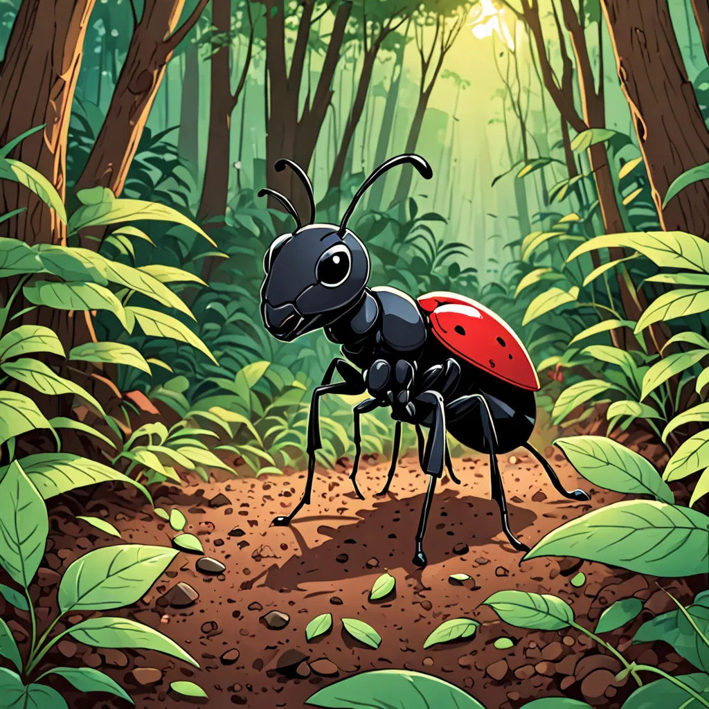 a bug in the middle of a forest with a ladybug on it's back legs and a red spot on its back, primitivism, a storybook illustration, Diego Gisbert Llorens, storybook illustration
