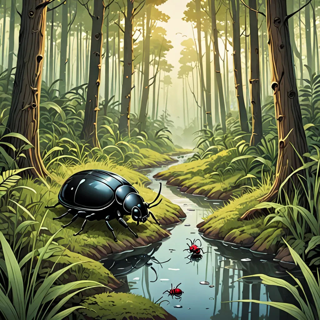 a bug crawling in the middle of a forest next to a stream of water and trees with leaves on the ground, environmental art, a storybook illustration, Dan Mumford, storybook illustration