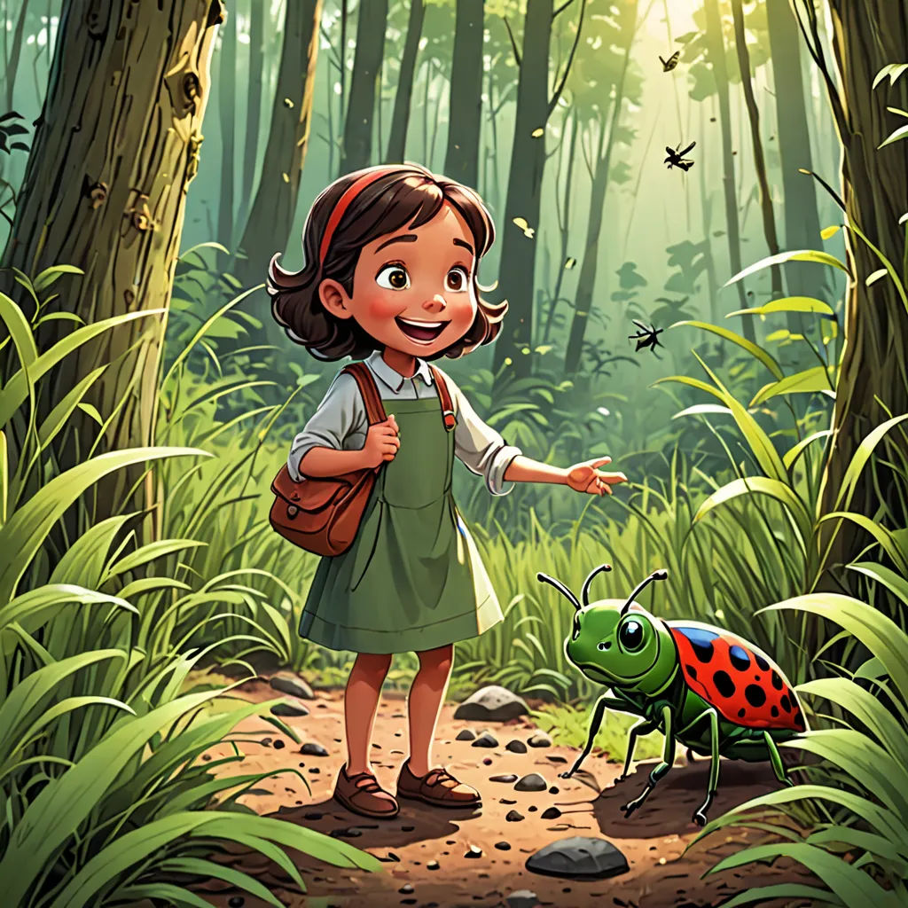 a little girl standing in the middle of a forest with a bug on her shoulder and a ladybug on her shoulder, magic realism, a storybook illustration, Diego Gisbert Llorens, storybook illustration