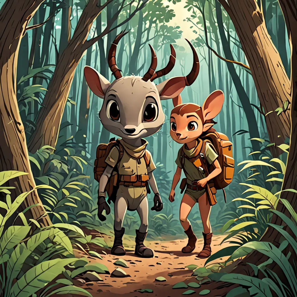a couple of animals walking through a forest next to a forest floor with trees and bushes on either side of them, furry art, a storybook illustration, Diego Gisbert Llorens, comic cover art