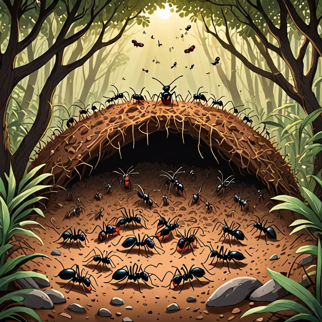 a group of ants are walking around a cave in the woods with grass and rocks on the ground and a sun shining through the trees, neo-primitivism, a storybook illustration, Ernst Thoms, detailed illustration