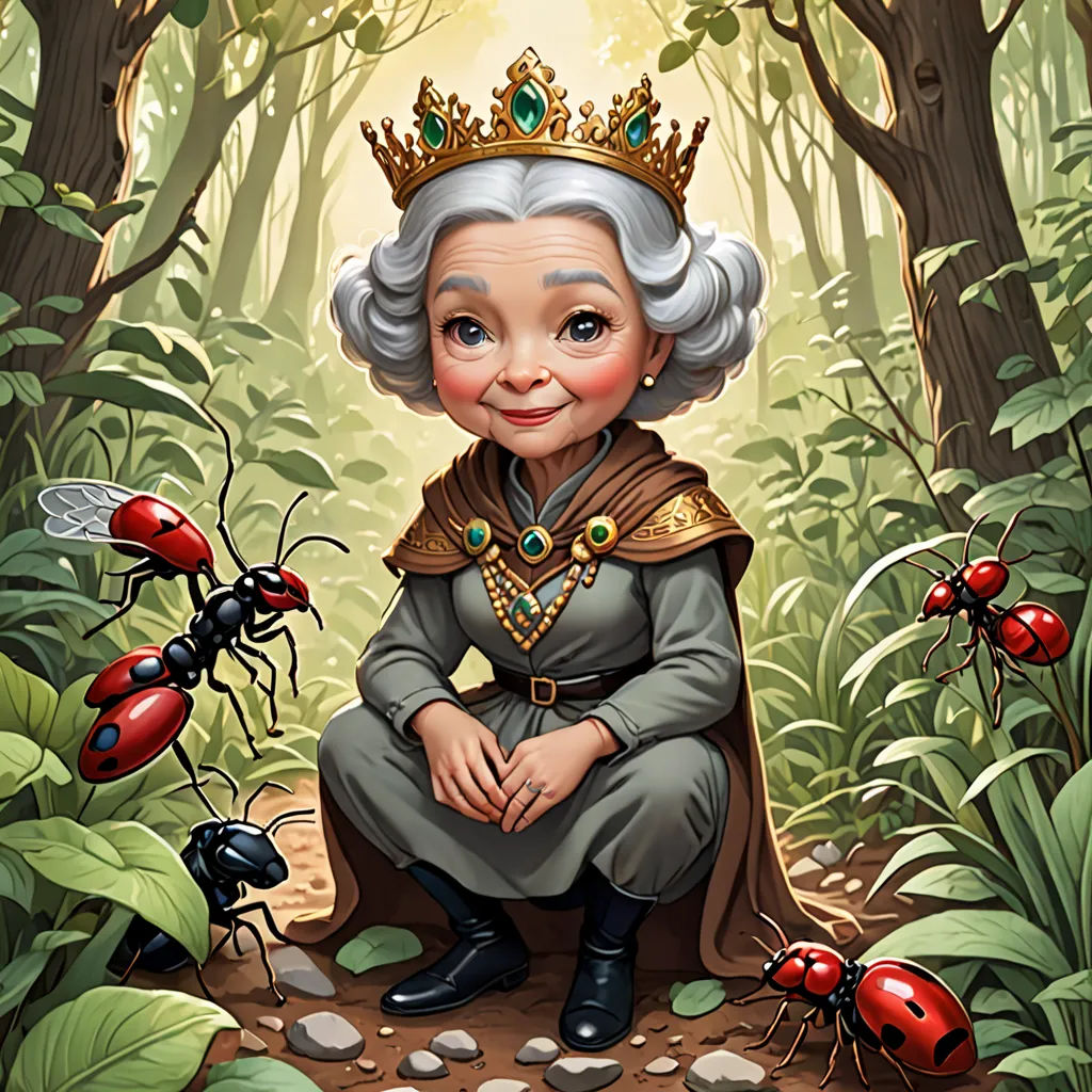 a cartoon of a queen surrounded by bugs in a forest with a golden crown on her head and a lady bug on her knee, sots art, a storybook illustration, Chris LaBrooy, storybook illustration