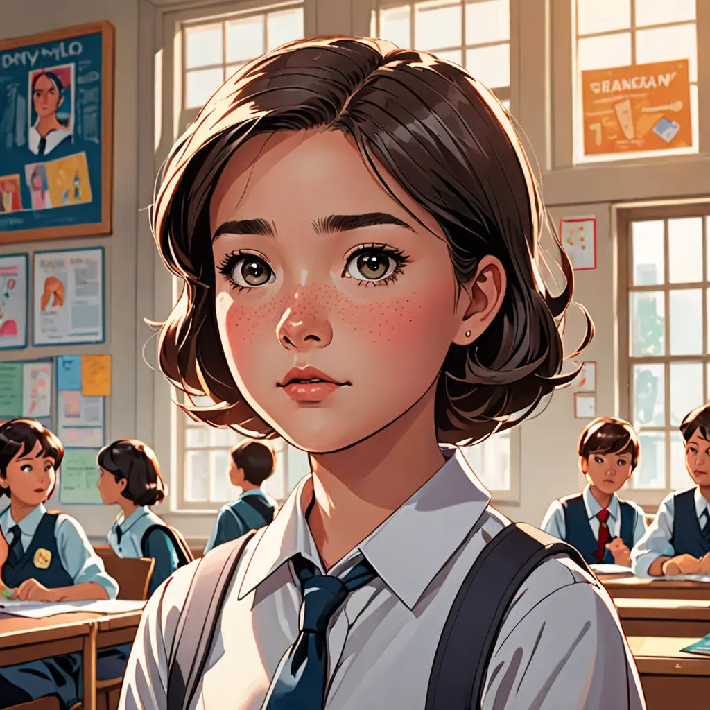 a girl in a school uniform standing in front of a classroom full of students with their backs turned to the camera, paris school, a comic book panel, Artgerm, rossdraws global illumination