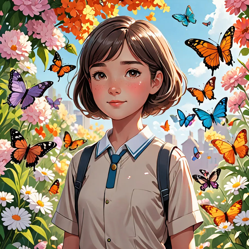 a girl in a field of flowers with butterflies around her and a sky background with a building and a lot of flowers, fantasy art, a detailed painting, Artgerm, rossdraws global illumination