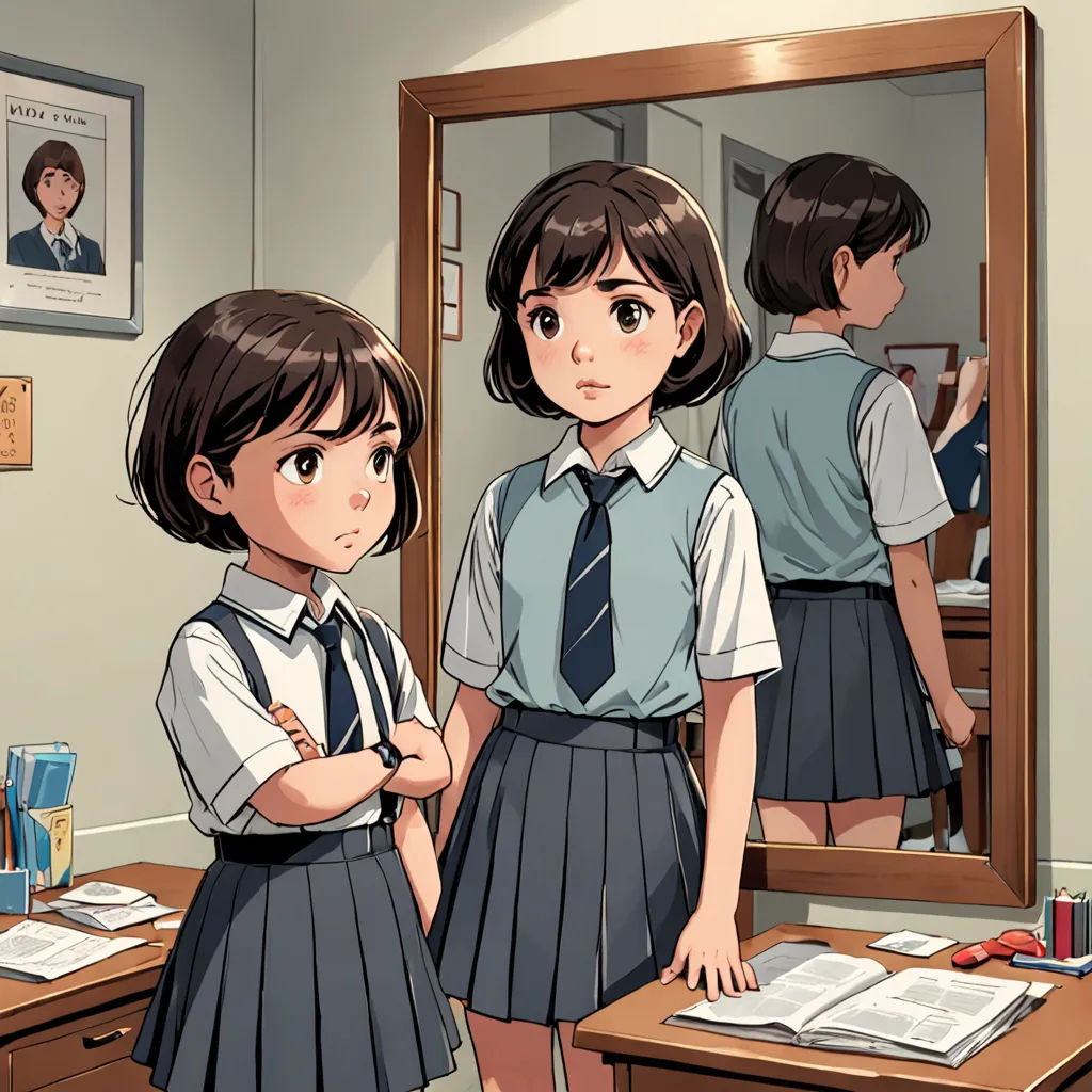 a girl in a school uniform standing in front of a mirror in a room with other children in the background, academic art, a comic book panel, artist, official art