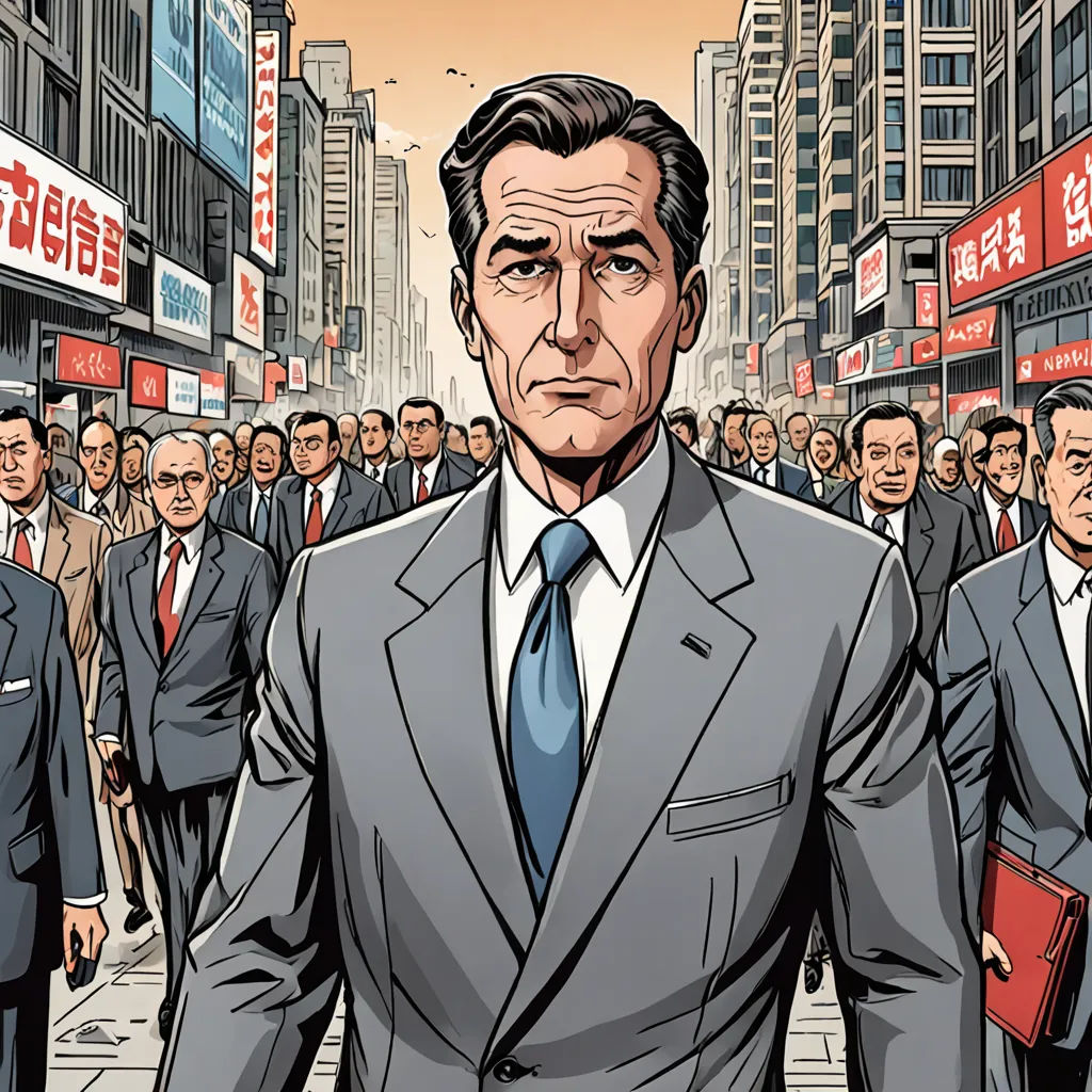 a man in a suit and tie walking down a street with a crowd of people behind him in a city, neoism, a comic book panel, David Park, graphic novel