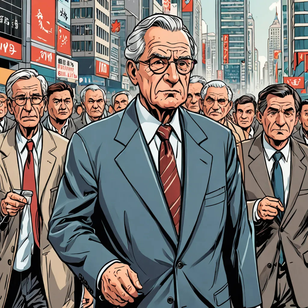 a man in a suit and tie walking through a crowd of people in a city with tall buildings and skyscrapers, american realism, a comic book panel, Asaf Hanuka, laurie greasley