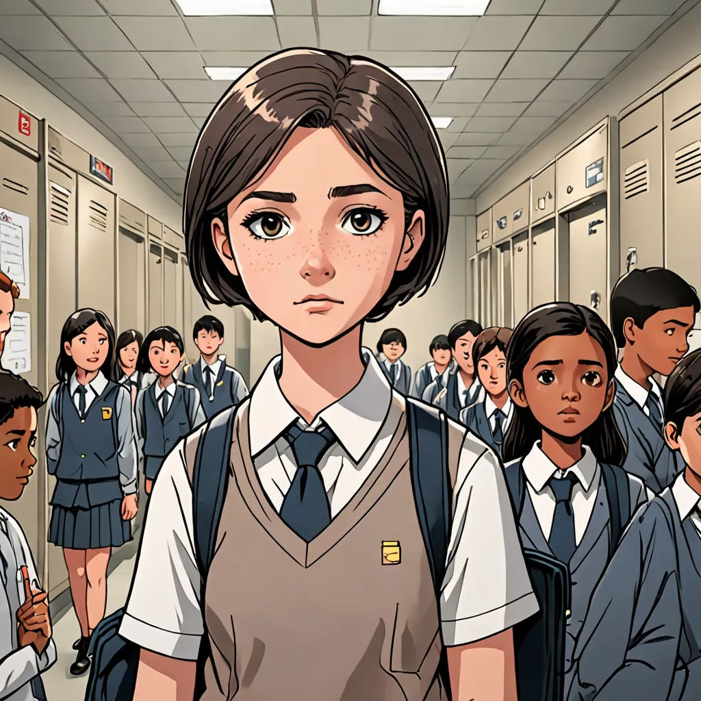 a cartoon of a girl in a school uniform surrounded by other school children in a hallway with lockers, serial art, a comic book panel, Choi Buk, graphic novel