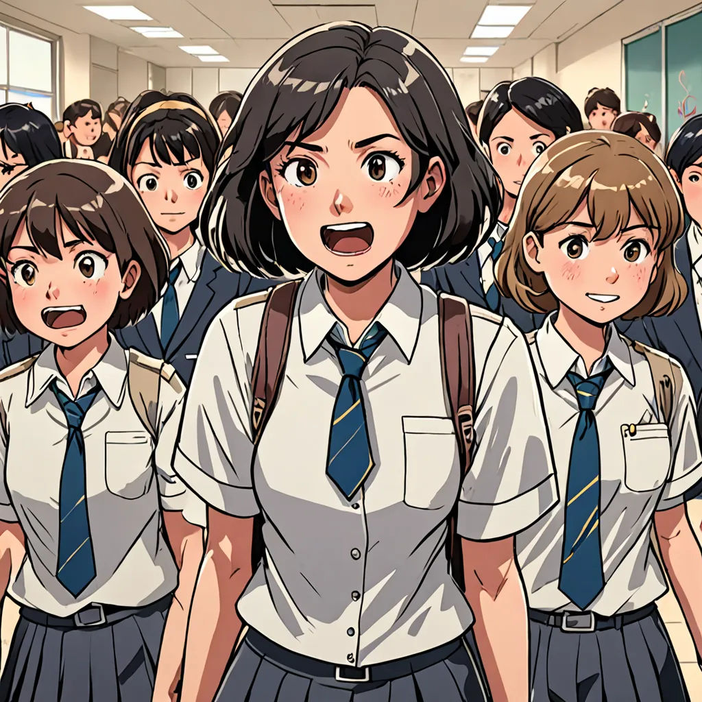 a group of people in school uniforms standing in a room with a bunch of people in the background looking at the camera, serial art, a comic book panel, Aya Goda, official art