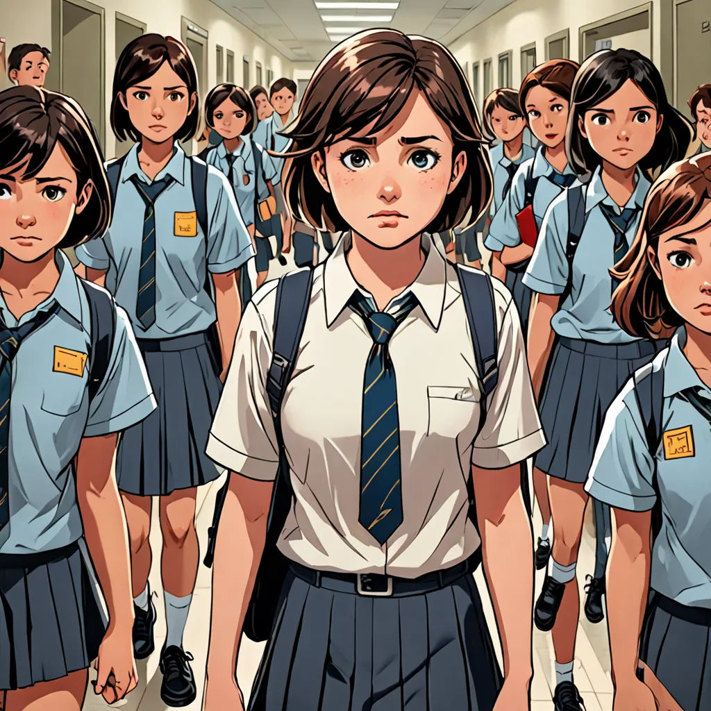 a group of school girls walking down a hallway together in uniforms and ties, with a cartoon of a girl in the middle of the picture, serial art, a manga drawing, Artgerm, official art