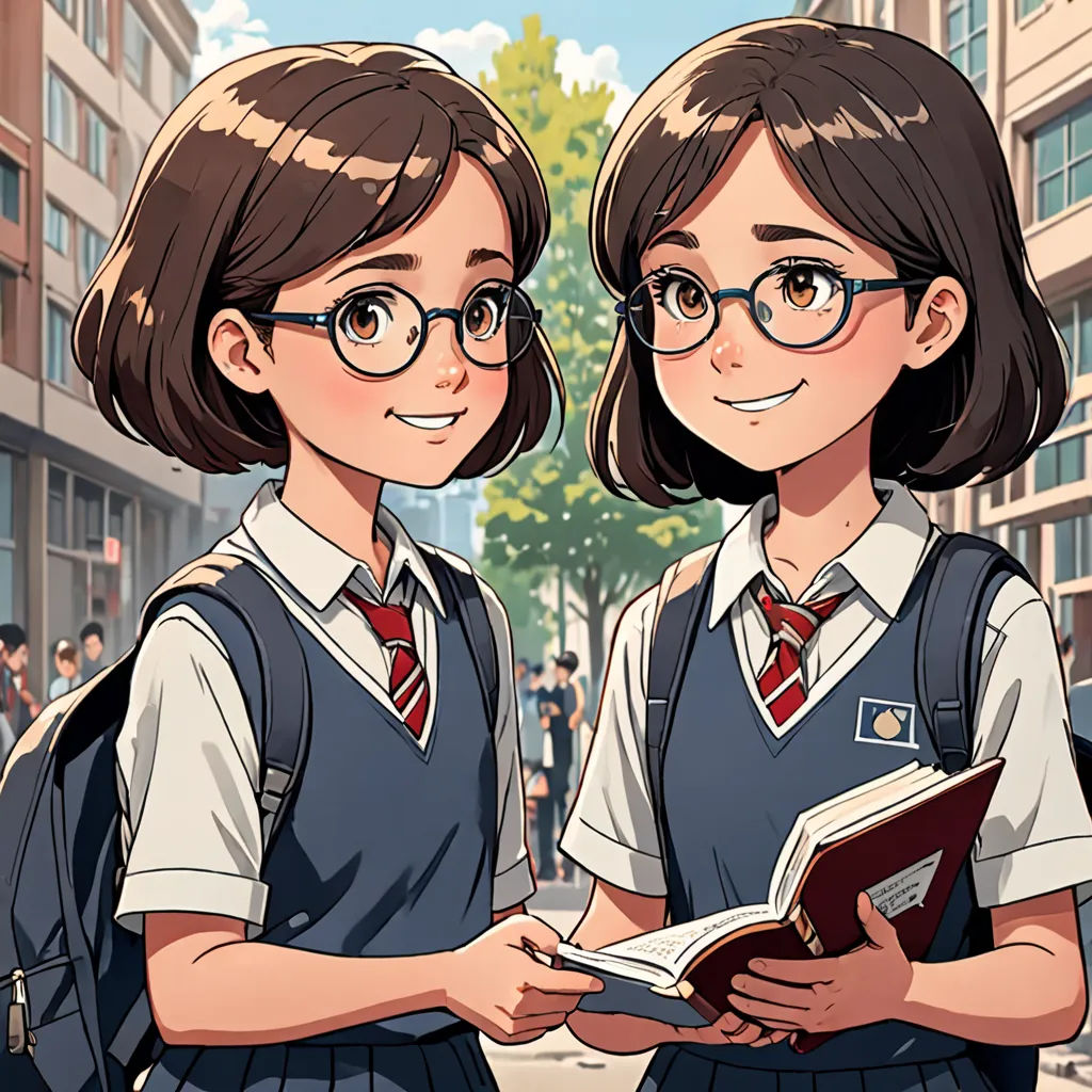 two girls in school uniforms are standing together and reading a book together in the street of a city with people walking by, serial art, a comic book panel, Artgerm, official art