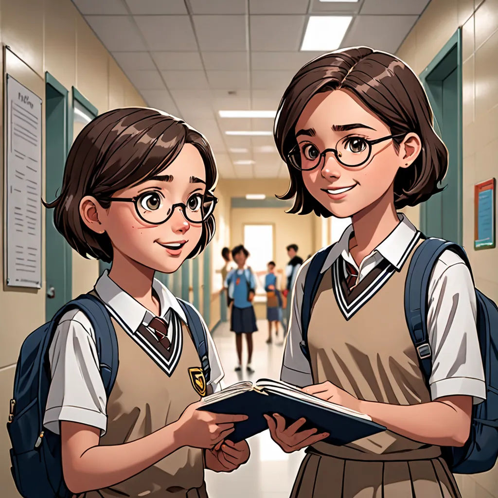 two girls in school uniforms are standing in a hallway with a book in their hands and looking at the camera, sots art, a character portrait, Artgerm, official art