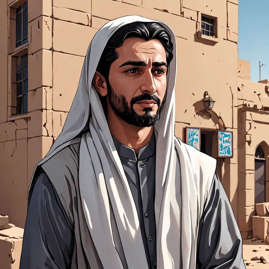 a man in a robe standing in front of a building with a clock on it's side and a sign on the side of the building, hurufiyya, a character portrait, Amir Zand, character portrait