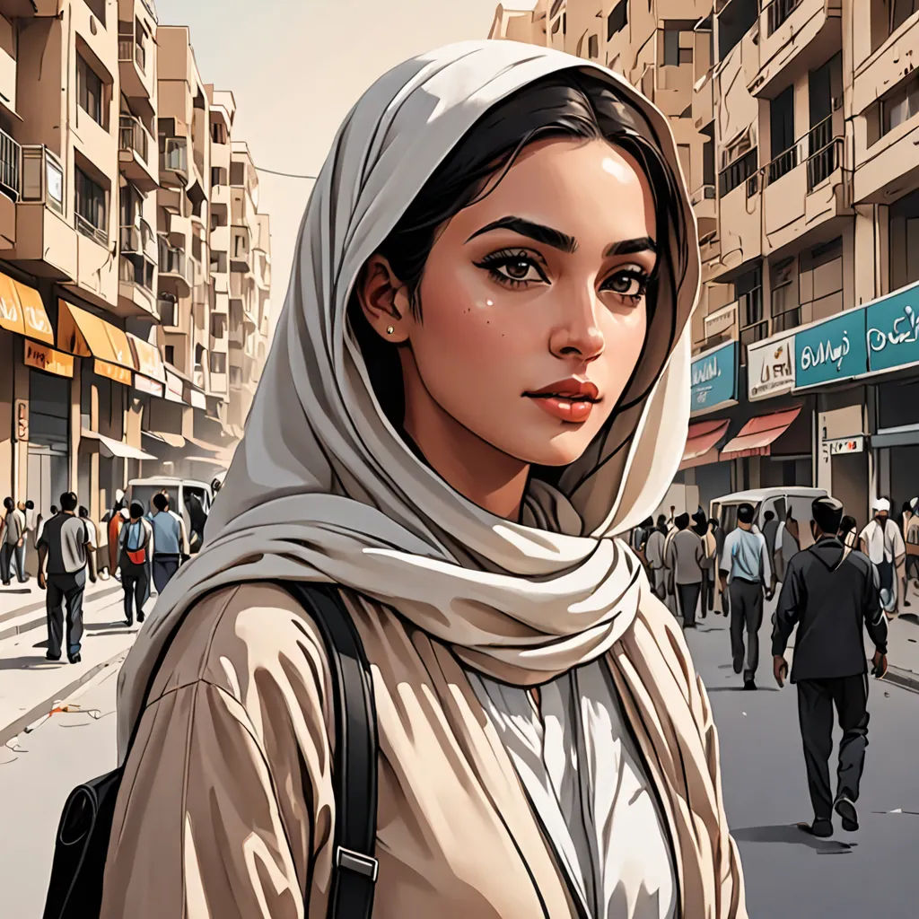 a woman in a headscarf is standing on a street corner in a city with people walking around, serial art, a comic book panel, Amir Zand, city background