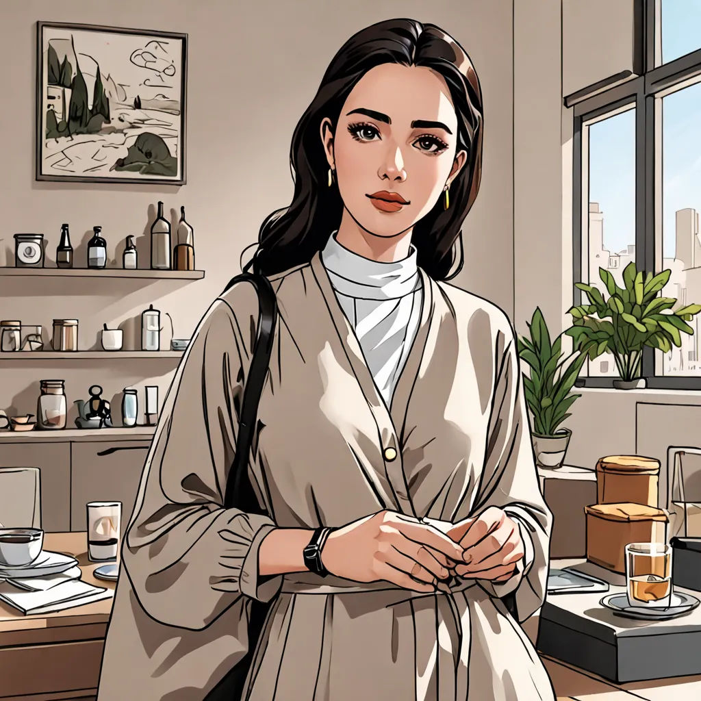 a woman standing in a kitchen next to a window with a potted plant in the corner of the room, aestheticism, a character portrait, Cecile Walton, city background