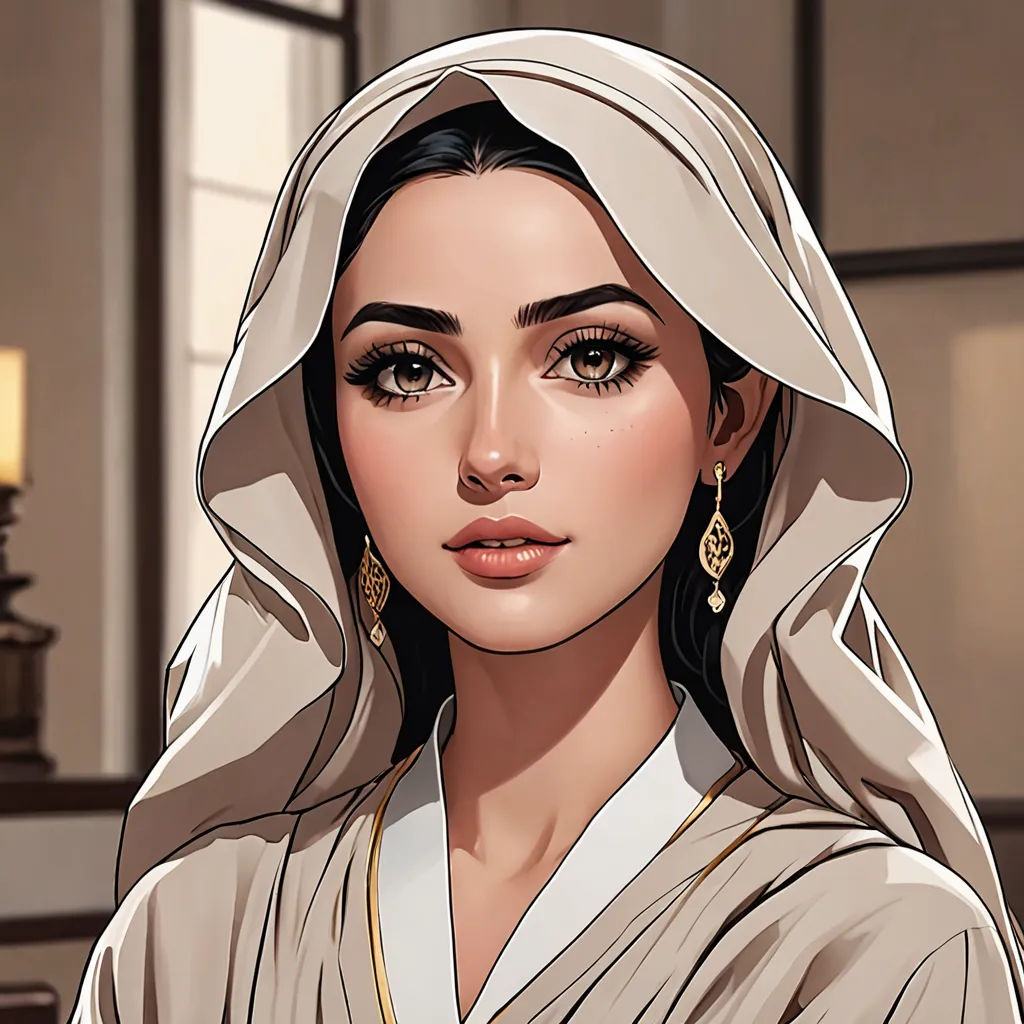 a woman with a white robe and gold earrings on her head and a candle in the background, in a cartoon style, qajar art, a character portrait, Charlie Bowater, high detail illustration