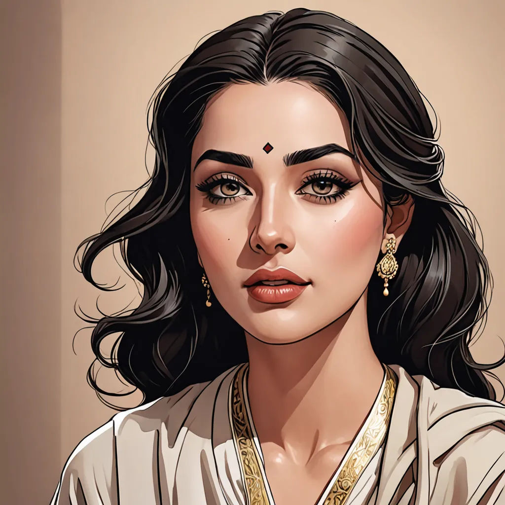 a woman with a necklace and earrings on her neck and a white shirt on her chest and a tan wall behind her, qajar art, a detailed painting, Charlie Bowater, high detail illustration