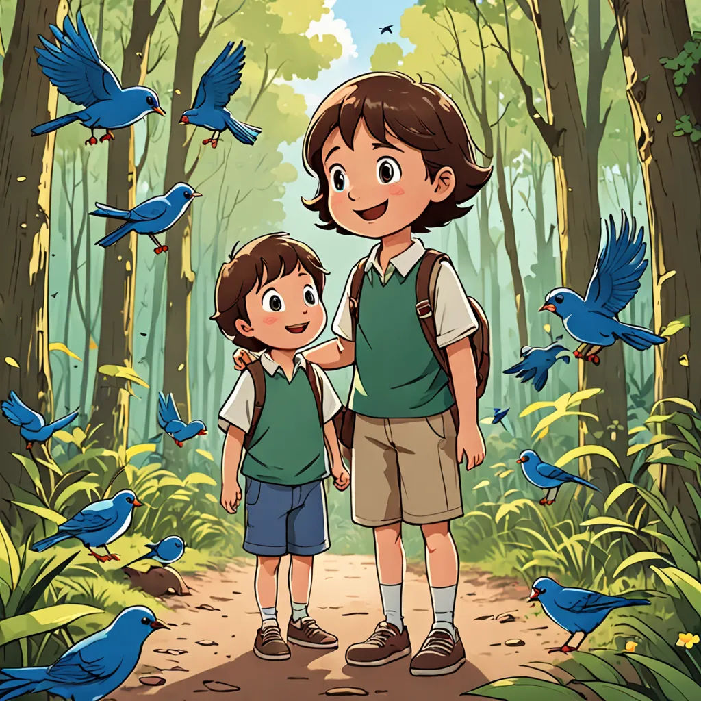 a boy and a girl standing in the woods with birds flying around them and a forest with blue birds, lyco art, a storybook illustration, Diego Gisbert Llorens, official art