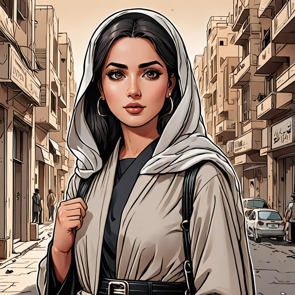 a woman in a hooded jacket is walking down the street with a backpack on her shoulder and a car parked on the side of the street, arabesque, a comic book panel, Amir Zand, comic cover art