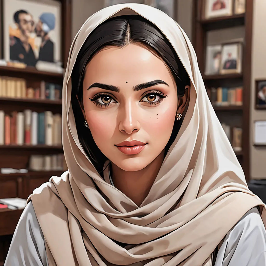 a woman with a headscarf is sitting in a chair in a library with bookshelves and a book case, computer art, a photorealistic painting, Artgerm, highly detailed digital painting