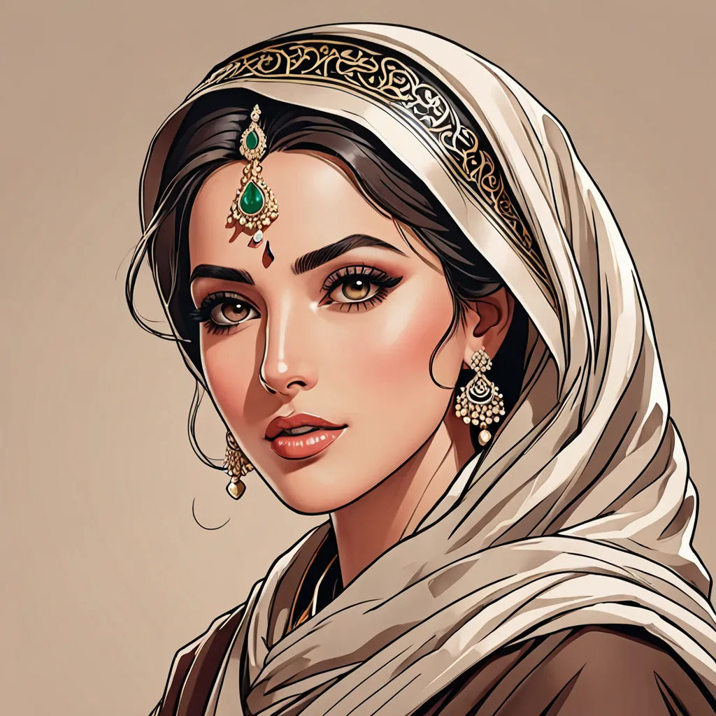 a woman with a head scarf and jewelry on her head and a scarf around her neck and a scarf around her neck, qajar art, a detailed painting, Artgerm, beautiful detailed