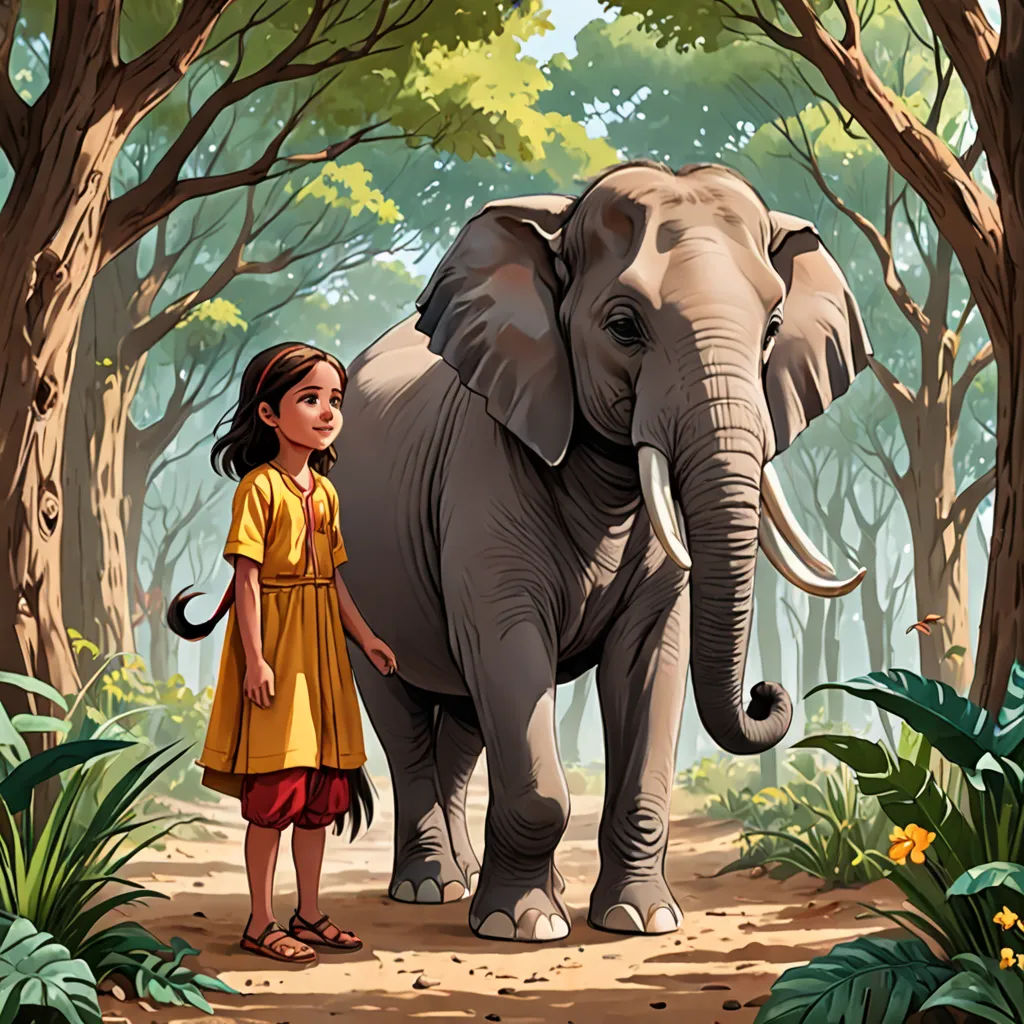 a girl standing next to an elephant in a forest with trees and flowers around her, with a backdrop of trees and bushes, magical realism, a storybook illustration, Ella Guru, storybook illustration